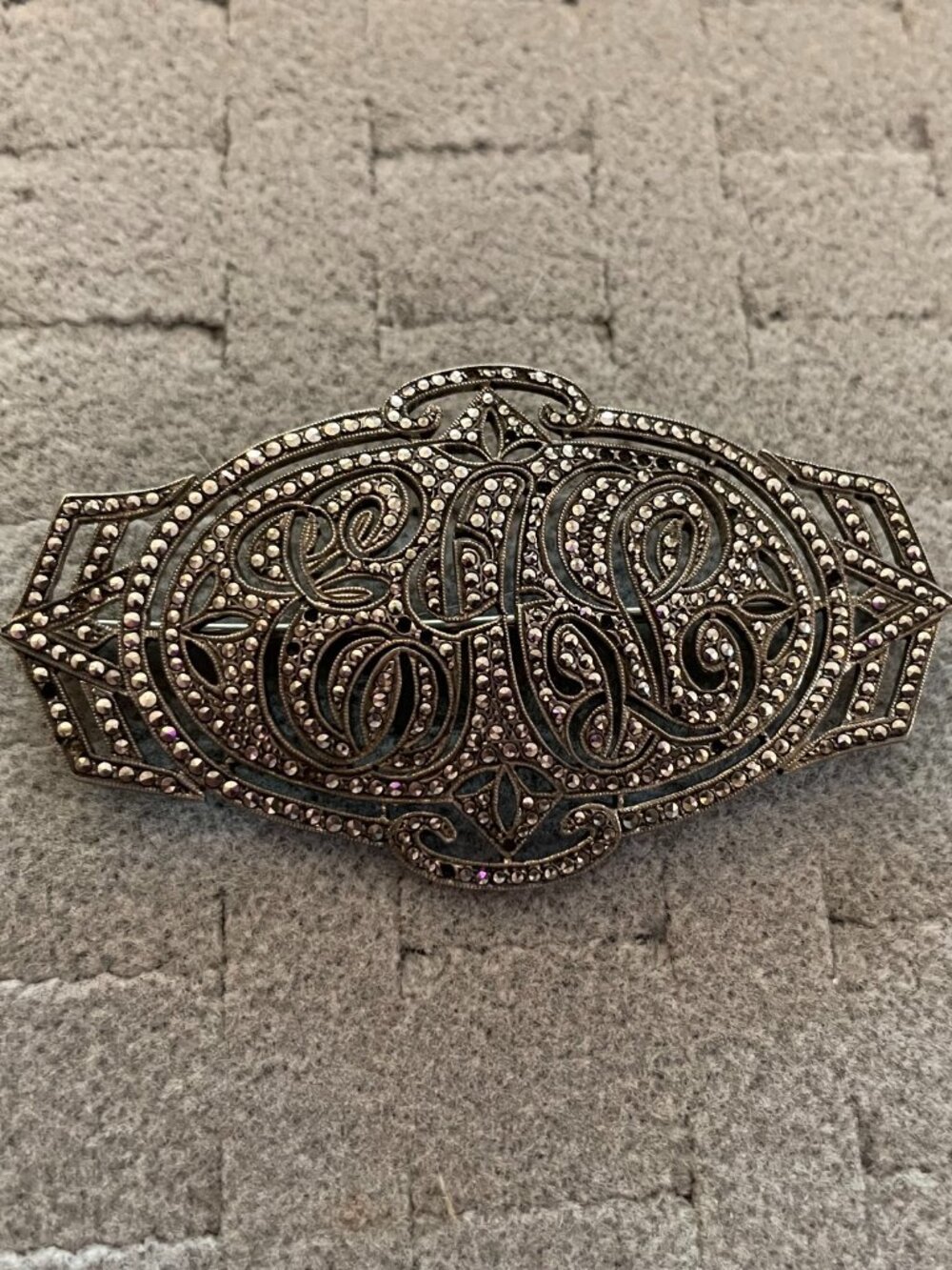 Vintage Sterling Silver Brooch Pin Marcasite Initials ? Deco Retro 18 grams